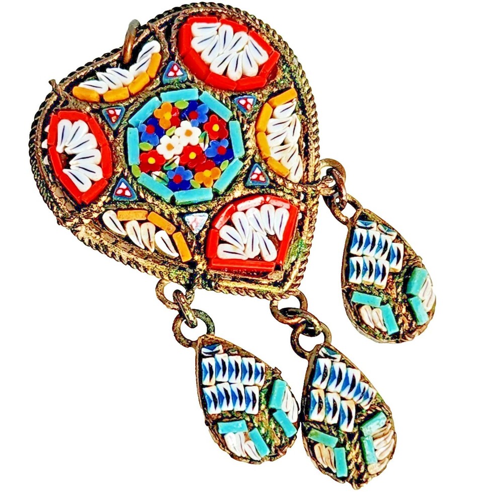 Vintage Romantic Articulated Heart Glass Pendant 1930s Italian Micromosaic